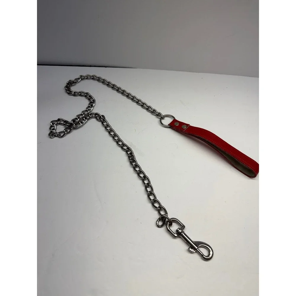Heavy Duty Metal Chain Dog Leash Red Padded Leather Handle Swivel Bolt 41